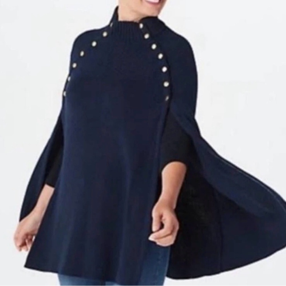GILI‎ SIZE XS Small BLACK RIBBED SWEATER CAPE Poncho Knit Snap Gold Buttons Cozy